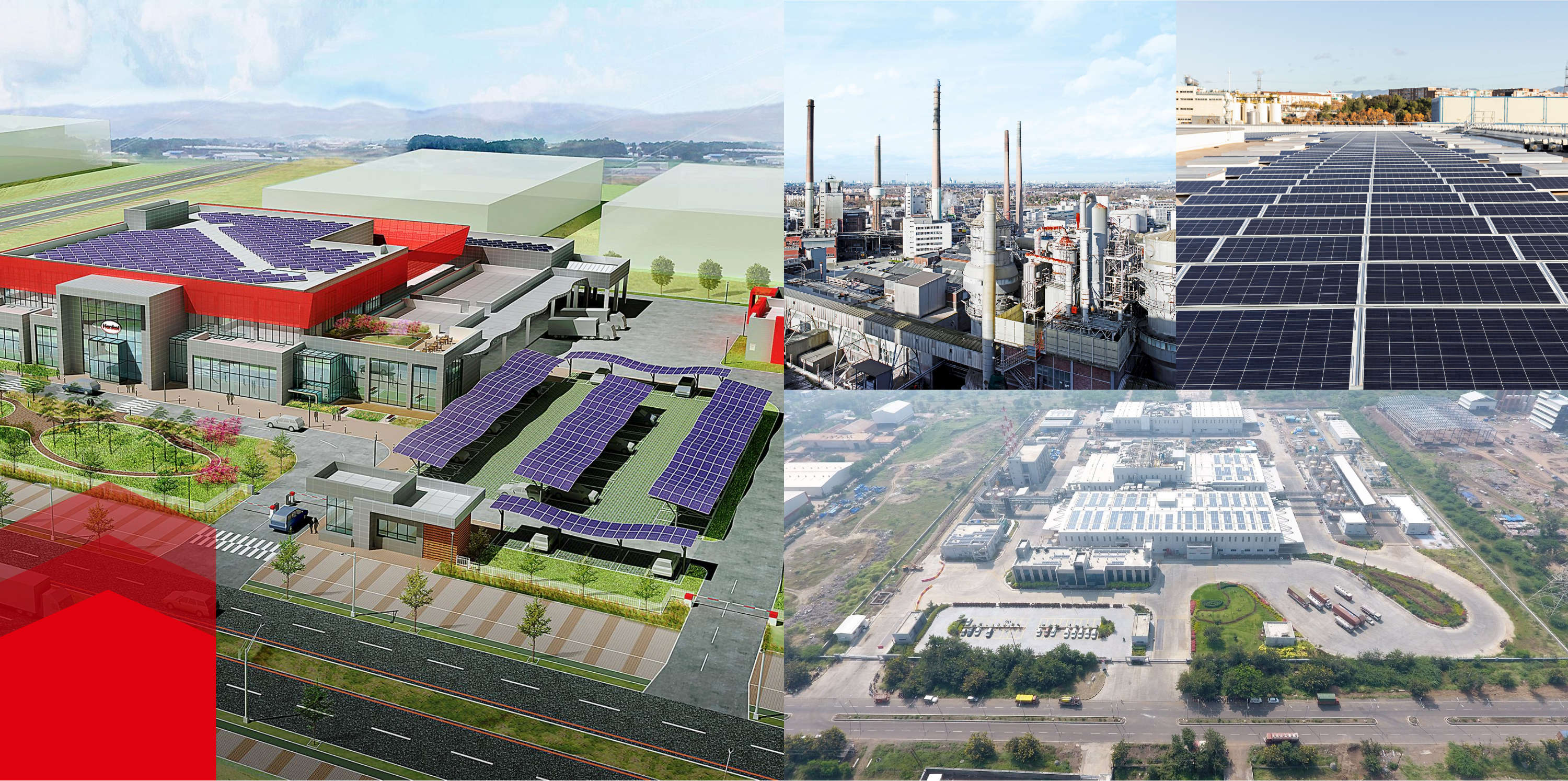 Koláž obrázkov zobrazujúca budovy so solárnymi panelmi a veľké továrne