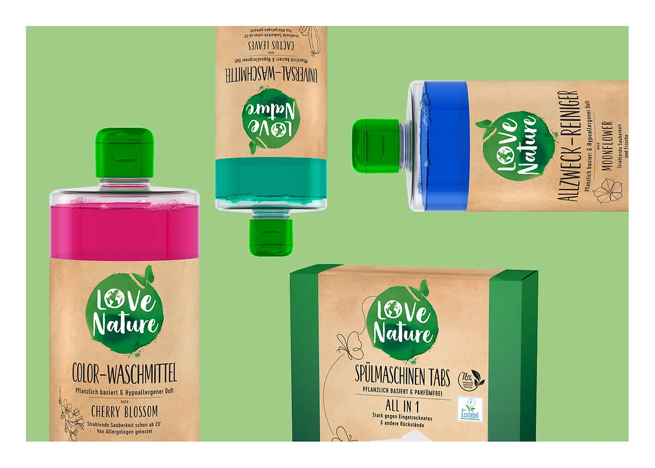 Love Nature products on a green background