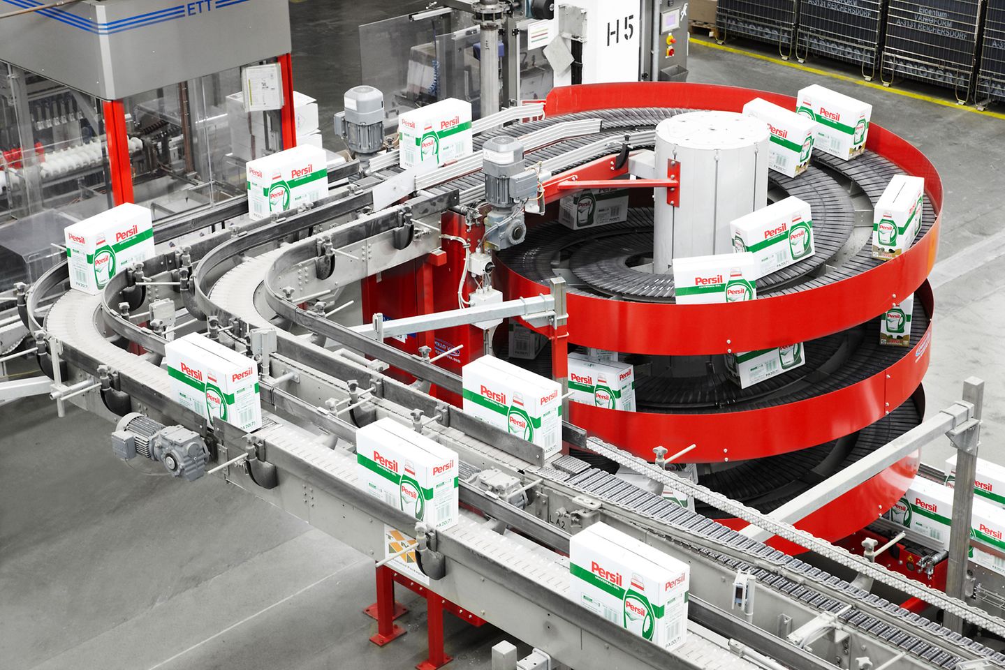 A bird's eye view of an assembly line in the Persil production