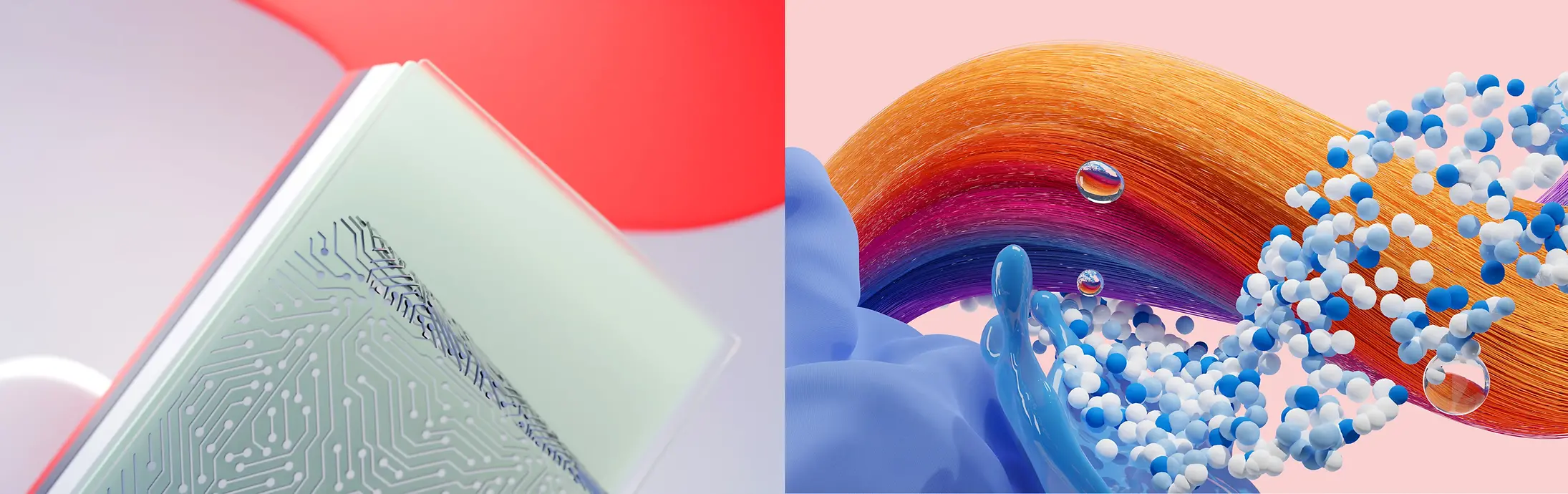 Abstraktný obrázok, ktorý znázorňuje obchodné divízie spoločnosti Henkel: Adhesive Technologies, Consumer Brands.