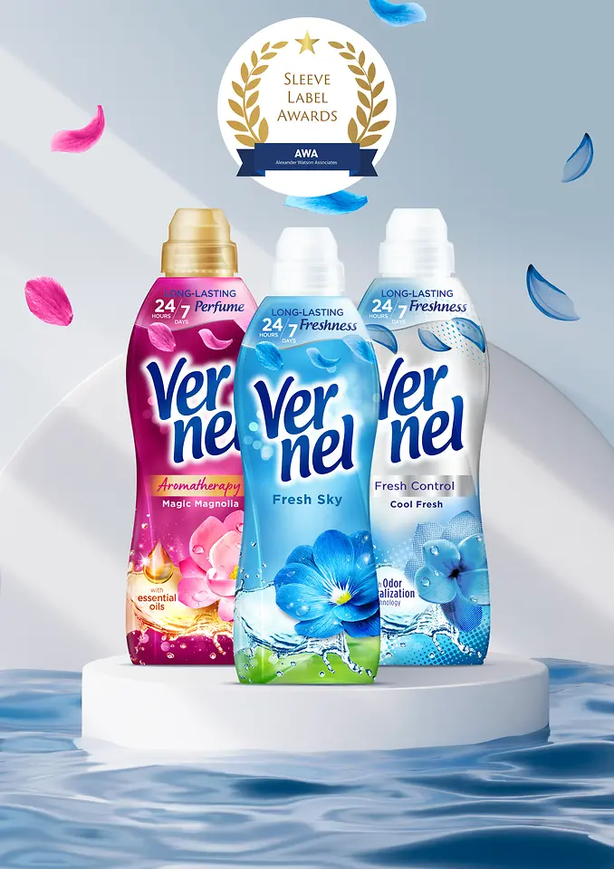 Vernel fabric softener bottles with AWA seal.