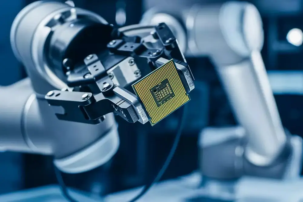 Robotické rameno obsluhujúce automatizované stroje v prostredí výroby polovodičov.