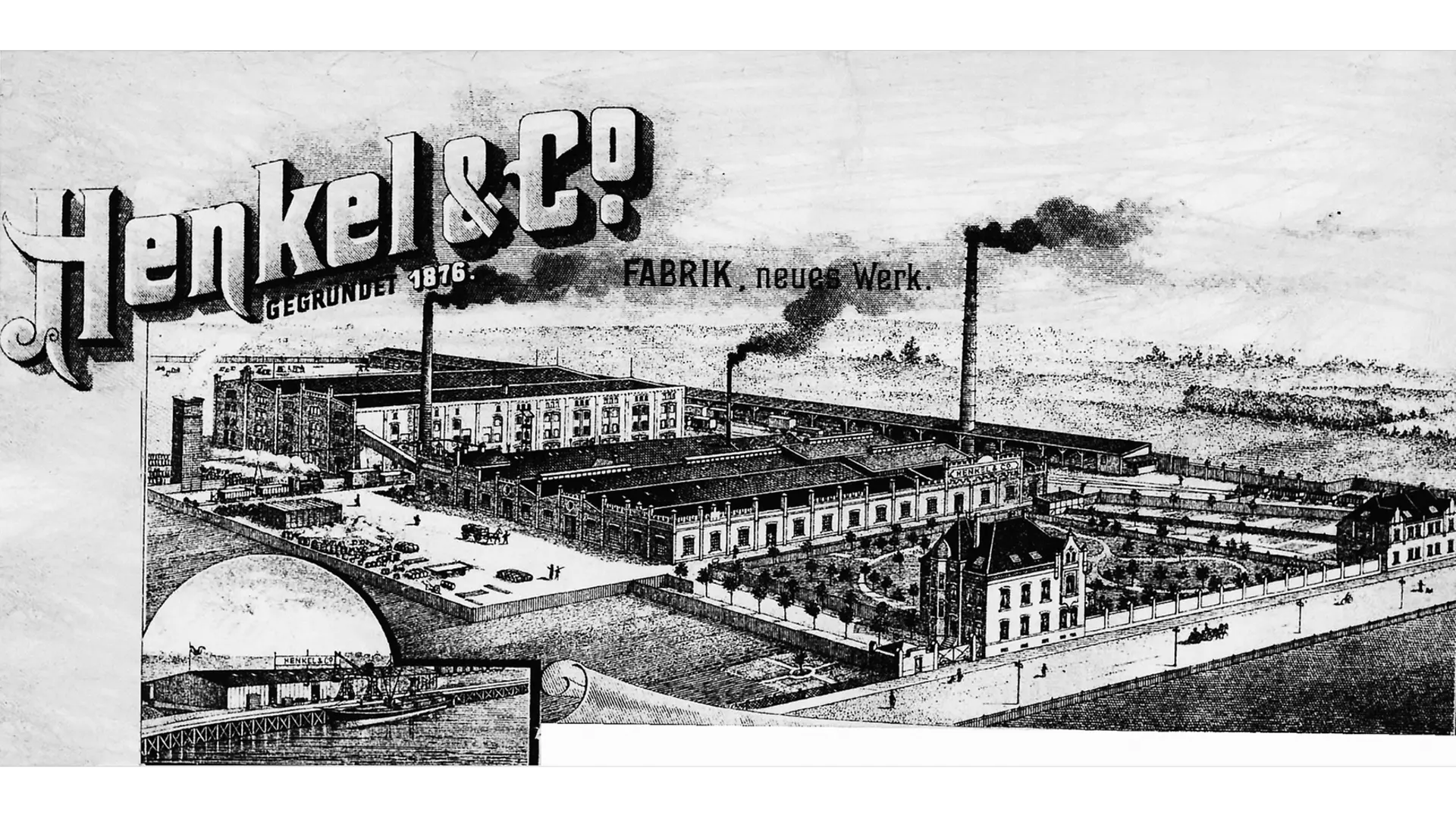 Hlavičkový papier spoločnosti Henkel s vyobrazením závodu v Holthausene a časťou prístavu Reisholz v ľavom dolnom rohu.