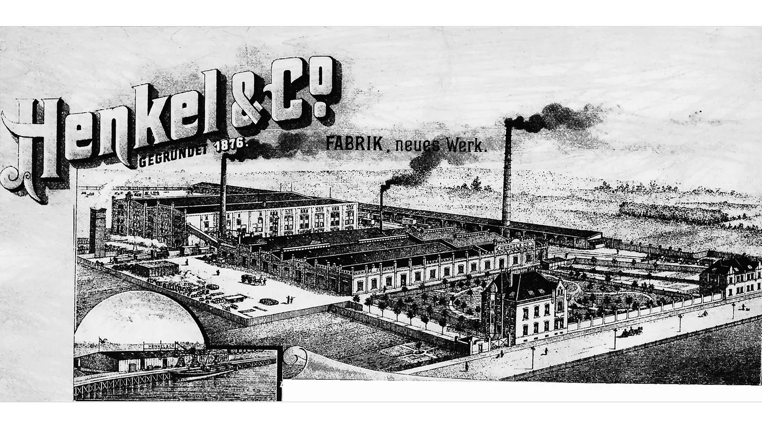 Hlavičkový papier spoločnosti Henkel s vyobrazením závodu v Holthausene a časťou prístavu Reisholz v ľavom dolnom rohu.