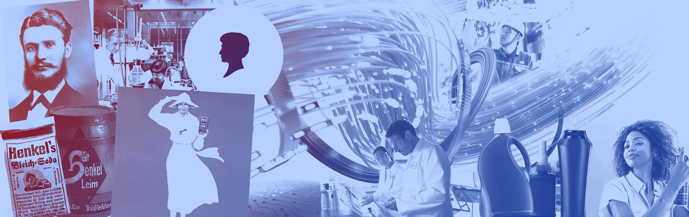 Koláž historických produktov Henkel, fliaš od pracích prostriedkov, laboratórnych pracovníkov a historických reklám v modrých tónoch.