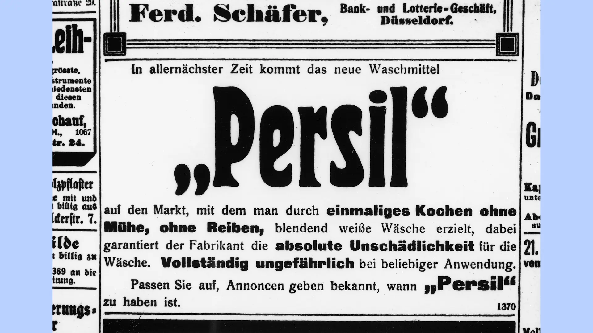 Reklama na Persil v novinách, ktorá oznamovala, že prací prostriedok bude k dispozícii „veľmi blízkej budúcnosti“.