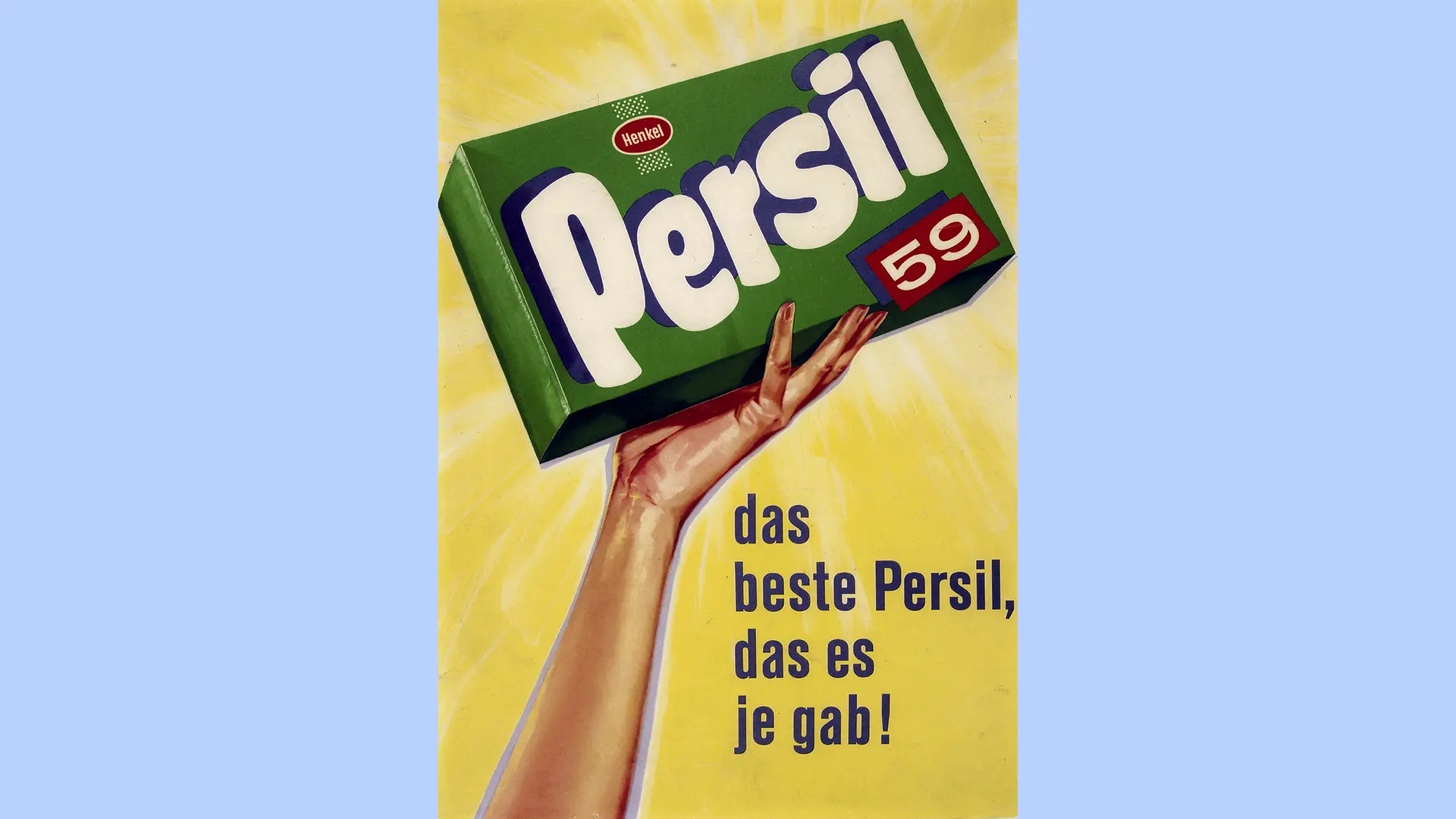 Zelený reklamný plagát zobrazujúci balenie pracieho prostriedku Persil 59.