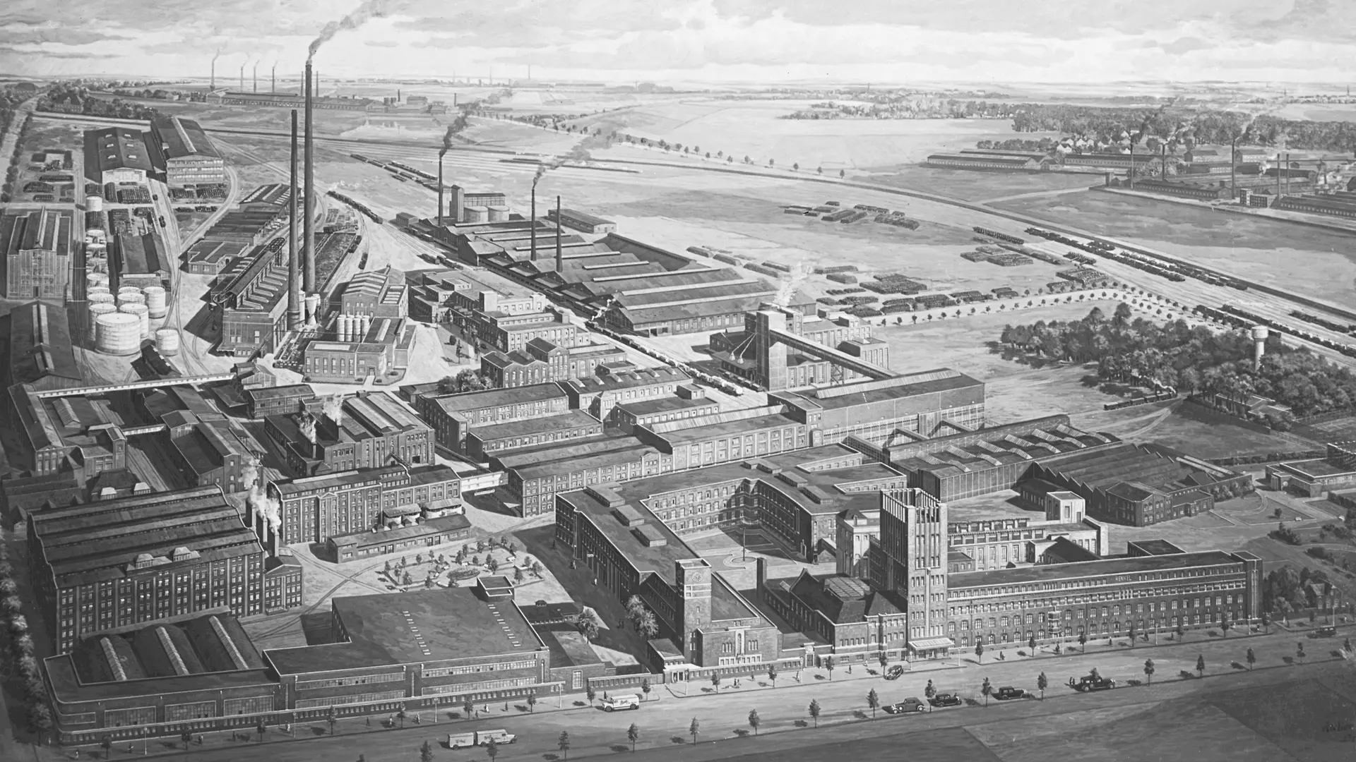 Nakreslený vonkajší pohľad na lokalitu Henkel Düsseldorf-Holthausen.