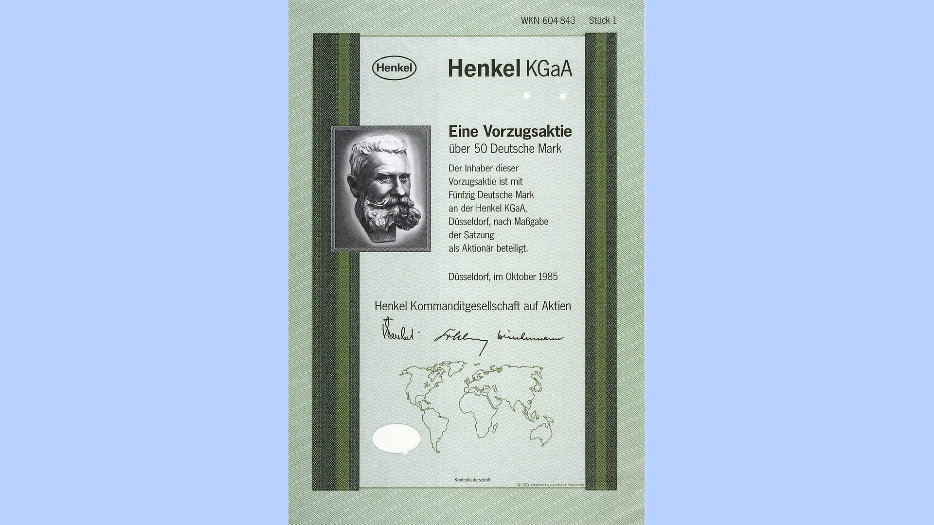 Prioritná akcia spoločnosti Henkel v hodnote 50 DM z roku 1985.