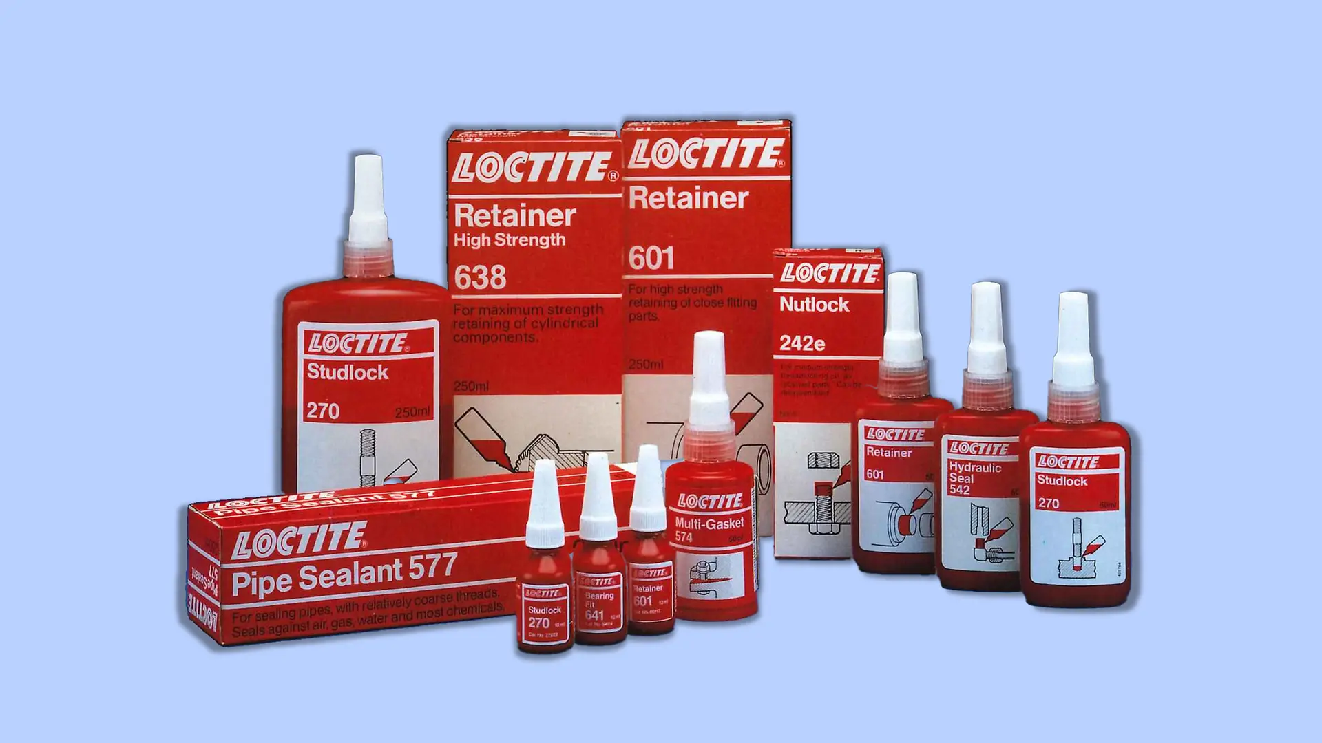 Sortiment Loctite z 90. rokov: Rôzne produkty pre priemyselné aplikácie.
